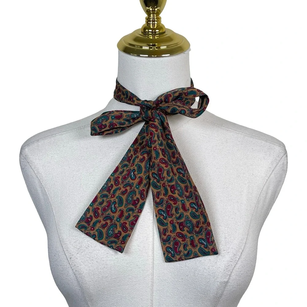 Vintage Paisley Necktie Skinny Scarf Hair Purse Women Brown Boho 70s Retro‎